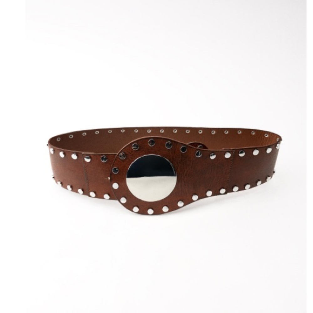 Zara Studded Leather Sash Brown Belt with Silver Detailing